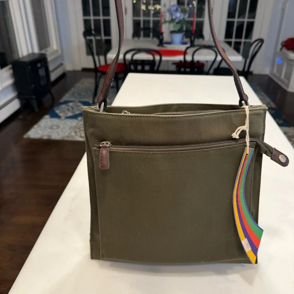 Tano New York Olive Green Canvas Shoulder Bag 3 Center Comp, Outside Zip NWT